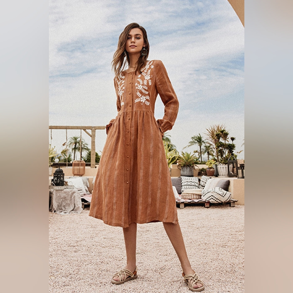 NWT - Flax-Linen Frieeah Embroidered Camel Midi Shirtdress - Size XL